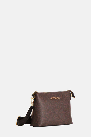 Bruine schoudertas van VALENTINO BAGS, met toon-op-toon V-patroon en zwarte schouderriem.