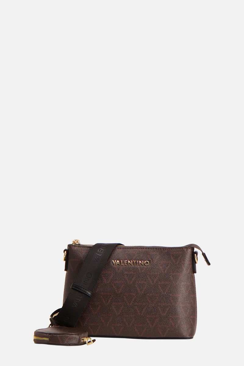 Bruine Valentino Bags schoudertas met herhaald logo-patroon op het lichaam en de schouderriem.