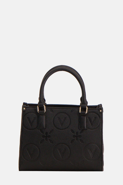 Sac à main noir de VALENTINO BAGS avec motif logo en relief et détails dorés.