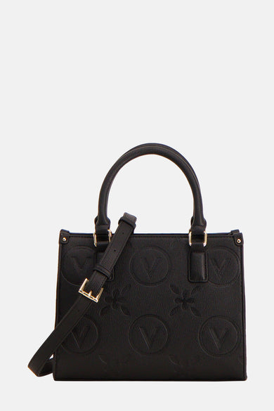 Sac à main noir de VALENTINO BAGS avec motif logo embossé et bandoulière ajustable.
