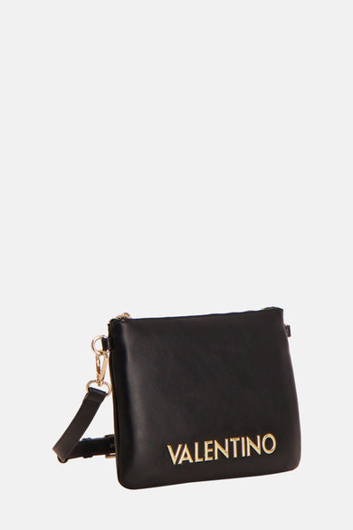 Zwarte VALENTINO BAGS schoudertas met een afneembare schouderriem en een gouden logo-opdruk.
