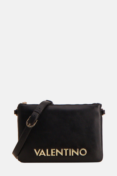 Zwarte VALENTINO BAGS schoudertas met een verstelbare schouderriem en het merklogo in gouden letters.