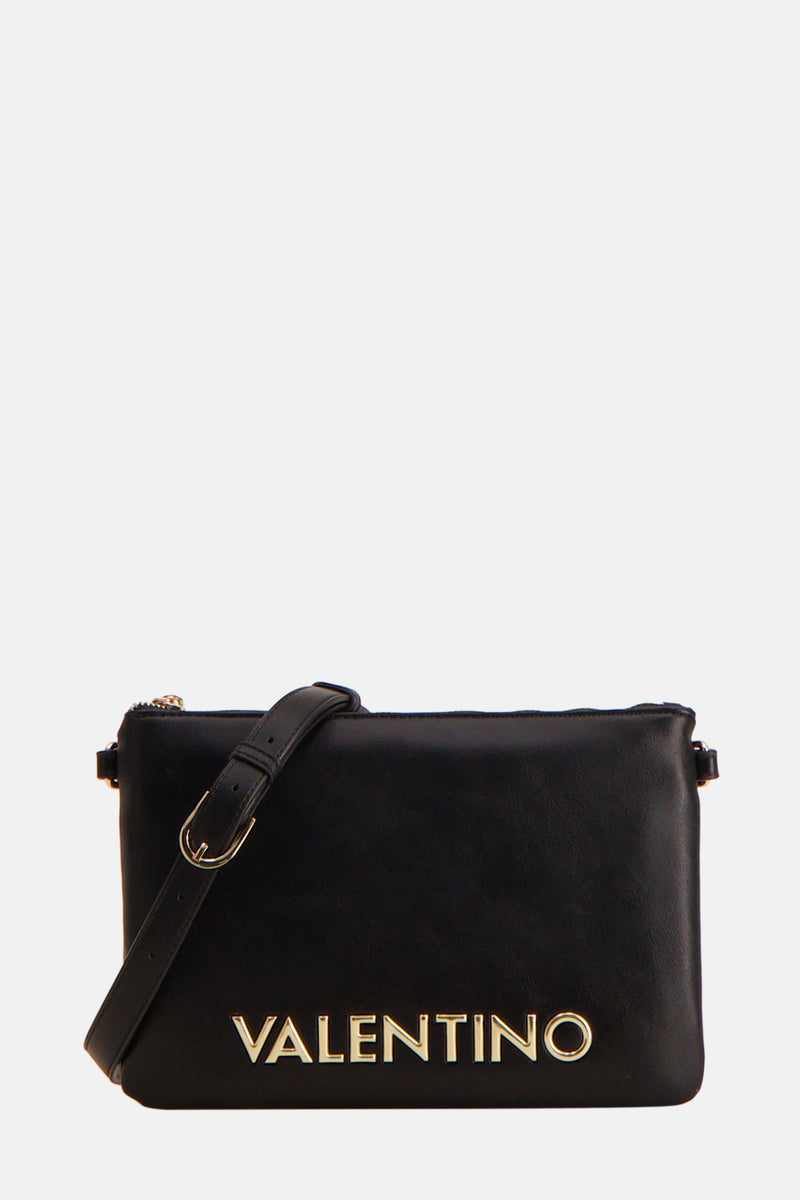 Zwarte VALENTINO BAGS schoudertas met een verstelbare schouderriem en het merklogo in gouden letters.