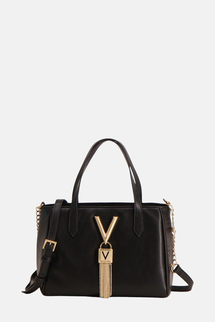 Sac à main noir en similicuir de VALENTINO BAGS avec chaîne décorative et bandoulière ajustable.
