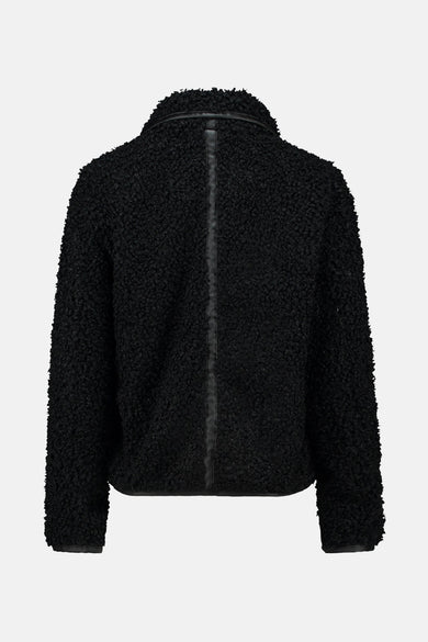 Veste courte noire en tissu bouclé de ZABAIONE, avec empiècement vertical en cuir au dos.