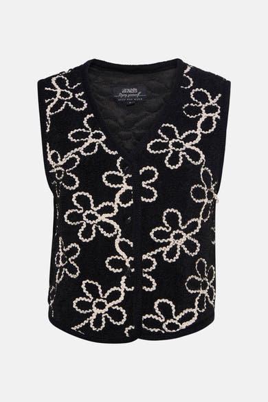 Zwarte Zabaione-gilet met crème geborduurd bloemenpatroon, knoopsluiting en bouclétextuur.