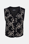 Zwarte Zabaione-gilet met crème geborduurd bloemenpatroon, knoopsluiting en bouclétextuur.