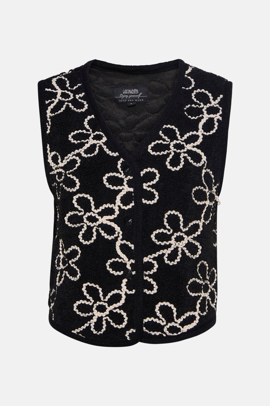 Zwarte Zabaione-gilet met crème geborduurd bloemenpatroon, knoopsluiting en bouclétextuur.