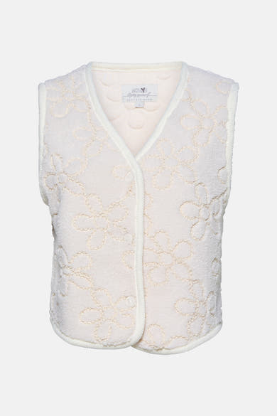 Ecru ZABAIONE gilet met geborduurd bloemenpatroon en contrasterende geribbelde gebreide boord.