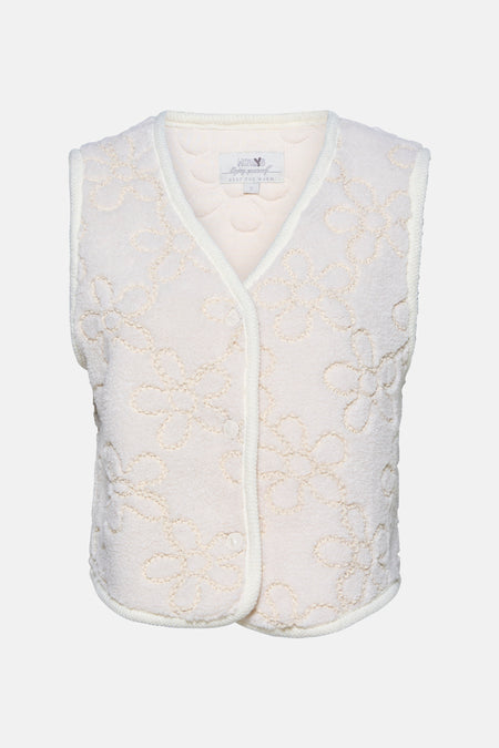 Ecru ZABAIONE gilet met geborduurd bloemenpatroon en contrasterende geribbelde gebreide boord.