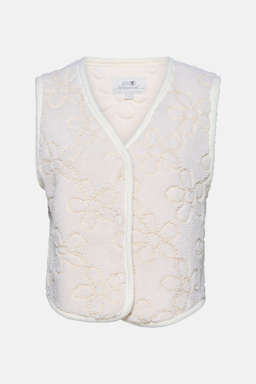Ecru ZABAIONE gilet met geborduurd bloemenpatroon en contrasterende geribbelde gebreide boord.