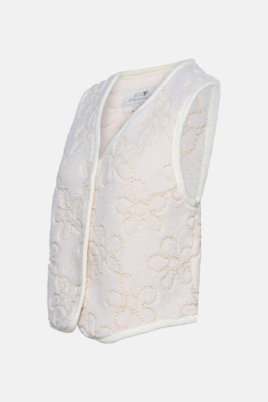 Ecru gilet van ZABAIONE, met geborduurd bloemenpatroon en geribde gebreide rand.