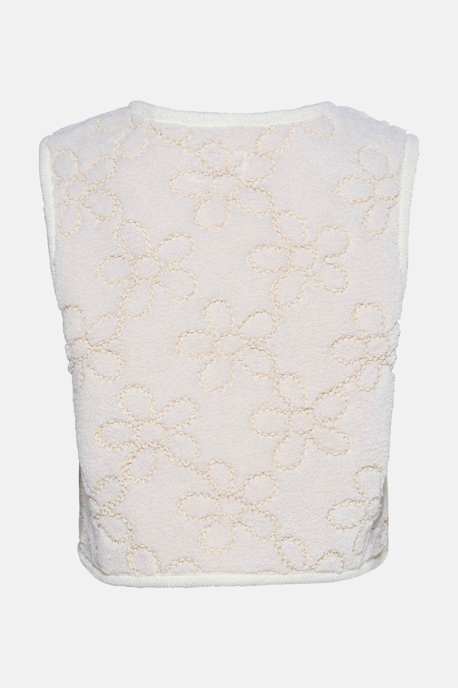 Ecru gilet van ZABAIONE met reliëf bloemenpatroon op een getextureerde stof.