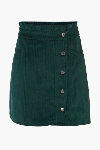 Dark green corduroy midi skirt with front button closure and side pockets, front view