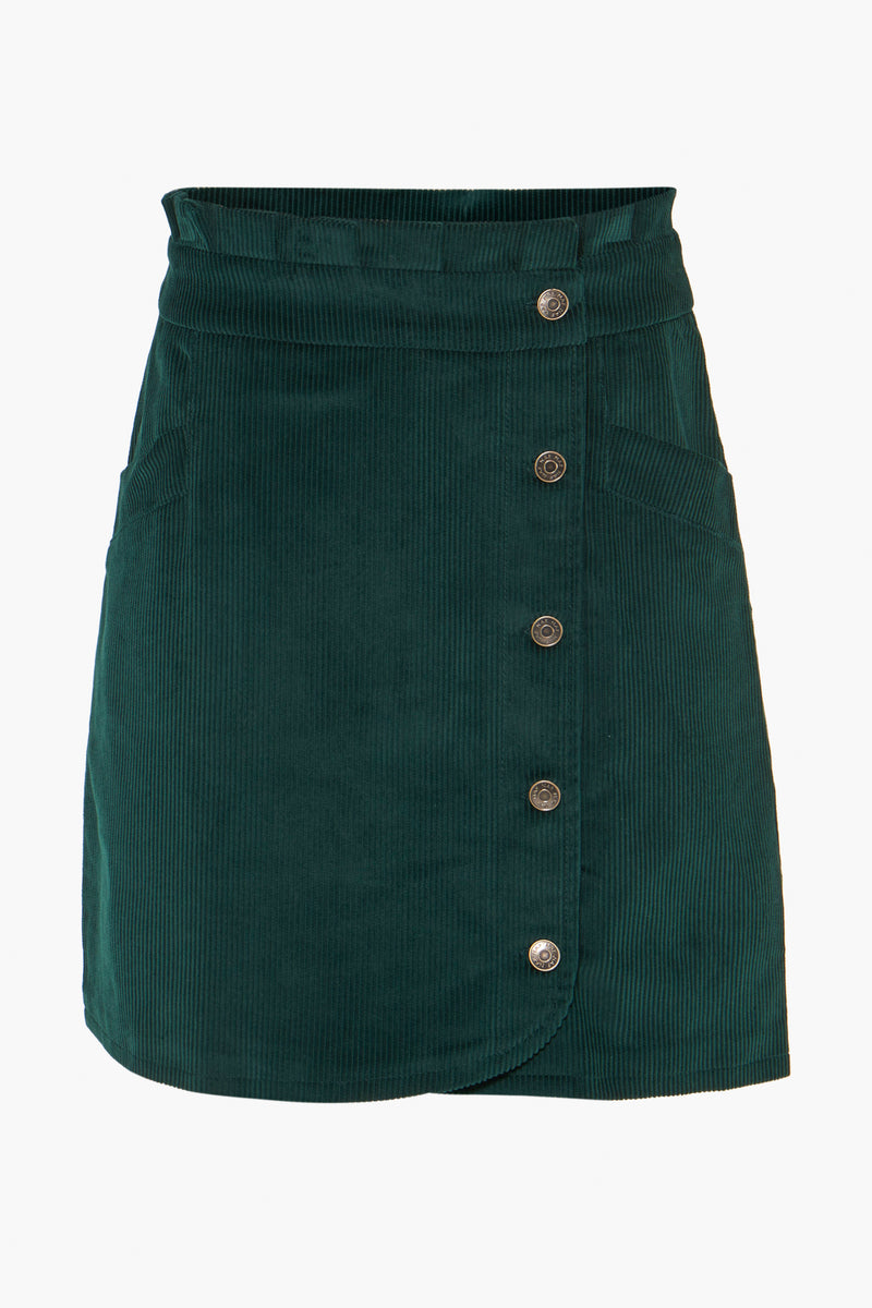 Dark green corduroy midi skirt with front button closure and side pockets, front view
