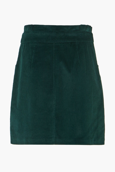 Dark green corduroy midi skirt with ribbed texture and elastic waistband, front view