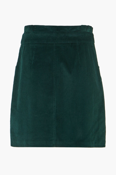 Dark green corduroy midi skirt with ribbed texture and elastic waistband, front view