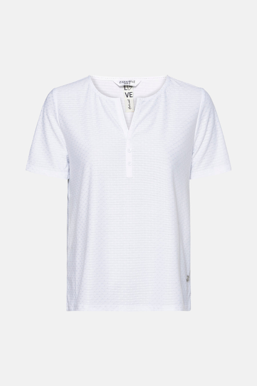 Wit T-shirt met korte mouwen van Zabaione, met getextureerde horizontale strepen en knoopsluiting.