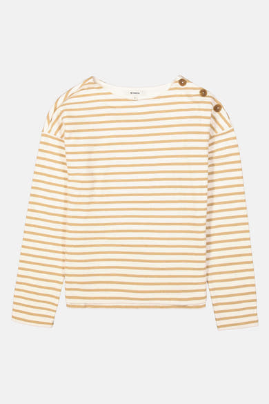 Ecru gestreept sweatshirt van GARCIA, met decoratieve knopen op de schouder en lange mouwen.