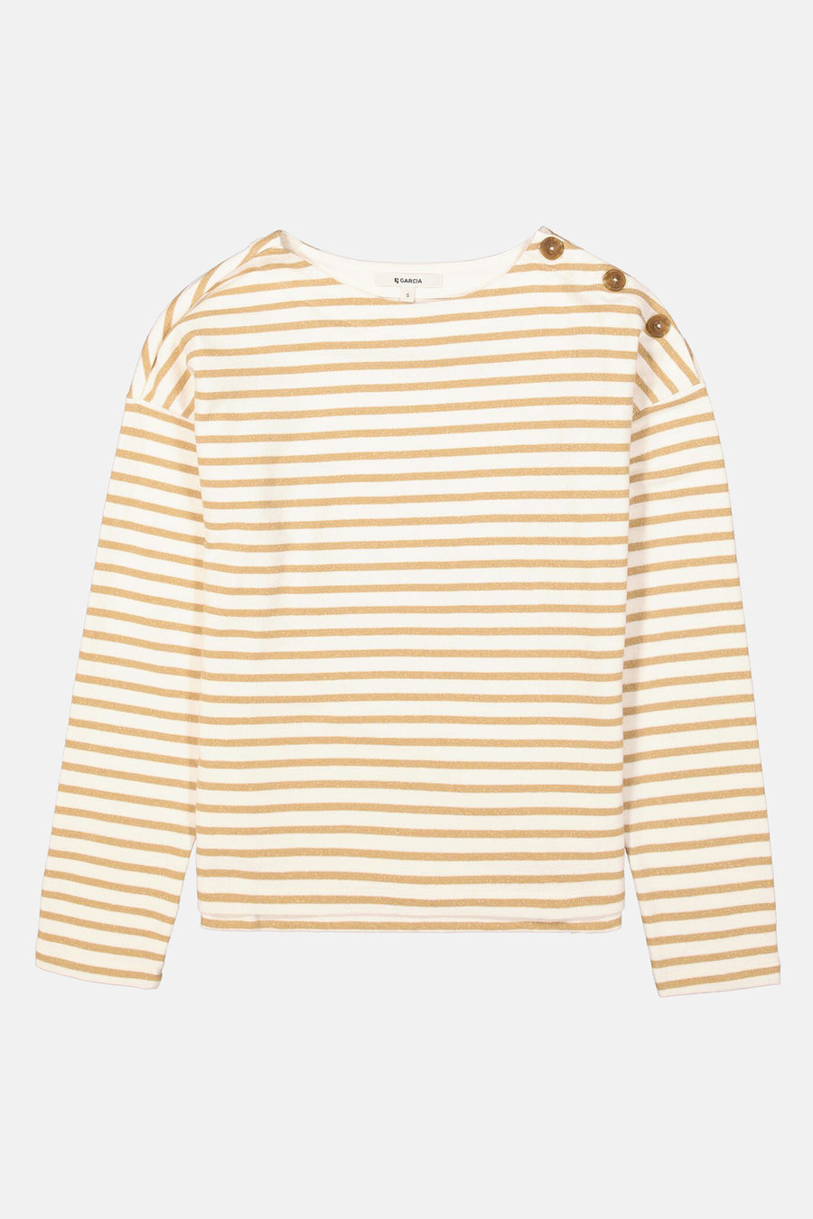 Ecru gestreept sweatshirt van GARCIA, met decoratieve knopen op de schouder en lange mouwen.