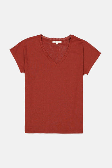 Brick red short-sleeve V-neck T-shirt by Garcia, featuring ribbed neckline and textured knit fabric, front view