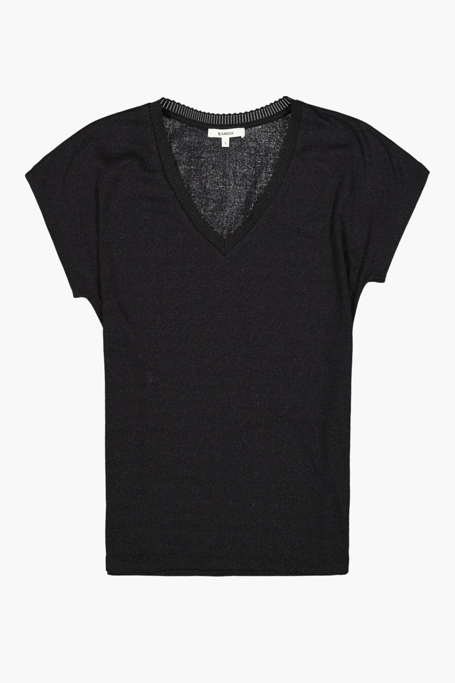 Zwart T-shirt met korte mouwen van GARCIA, met een V-hals afgezet met fijnmazige stof.