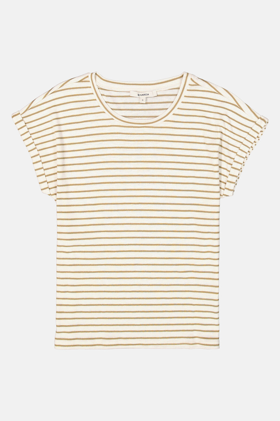 Ecru gestreept T-shirt met korte mouwen van GARCIA, met opgerolde mouwen.