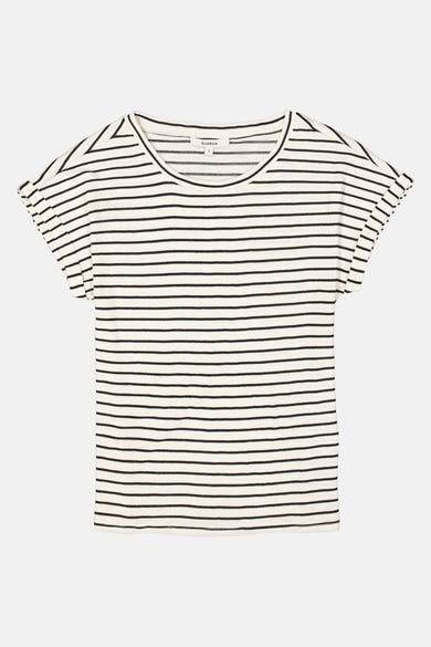 Ecru T-shirt met zwarte strepen van Garcia, met korte mouwen met omslag.