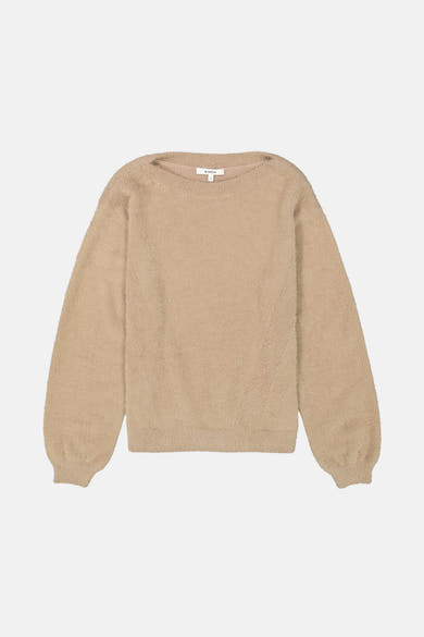 Taupe ronde hals trui van GARCIA met een pluizige textuur en lange pofmouwen.