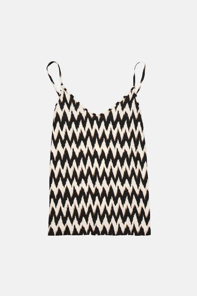 Débardeur multicolore de GARCIA, à motif zigzag noir et beige, avec des bretelles fines.
