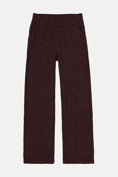 Brown ribbed knit women's elastic waist pants with straight legs, front view