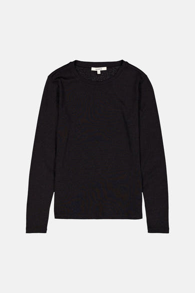 Black long-sleeve T-shirt by Garcia with subtle heather texture, round neckline, and slim fit, front view.