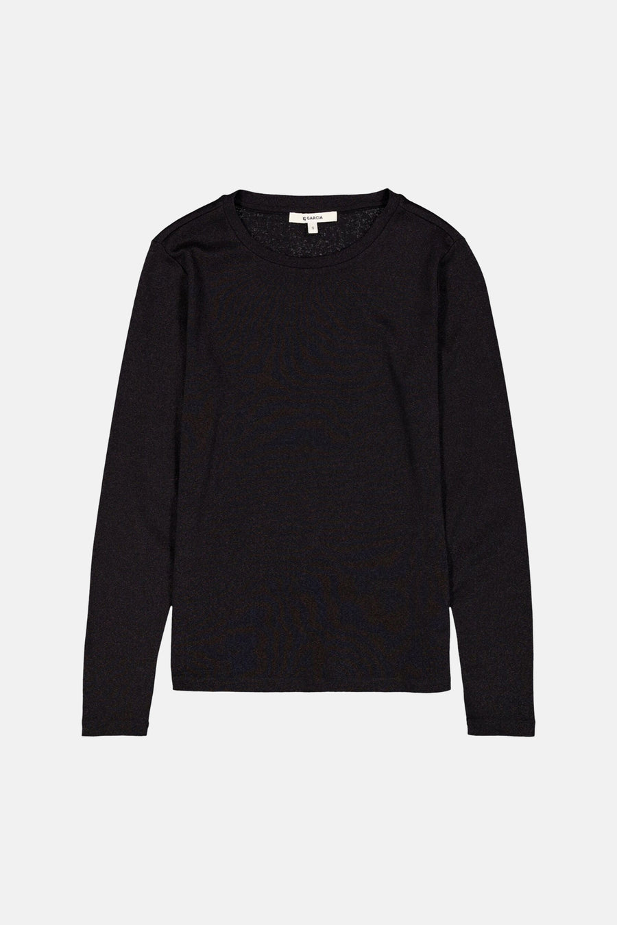 Black long-sleeve T-shirt by Garcia with subtle heather texture, round neckline, and slim fit, front view.