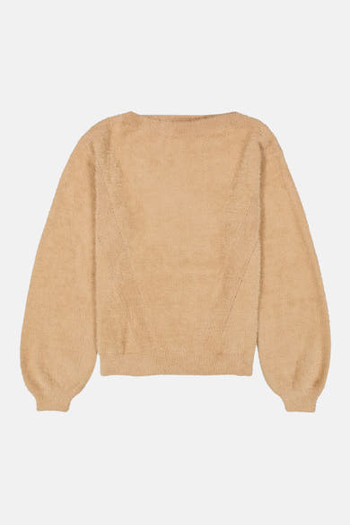 Beige fuzzy crewneck sweater with ribbed cuffs and hem, back view, soft textured knit, relaxed fit