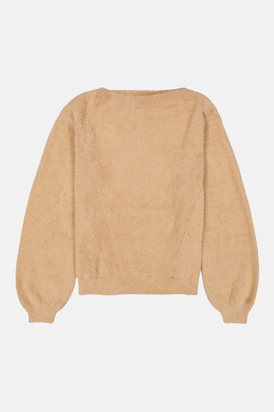 Beige fuzzy crewneck sweater with ribbed cuffs and hem, back view, soft textured knit, relaxed fit