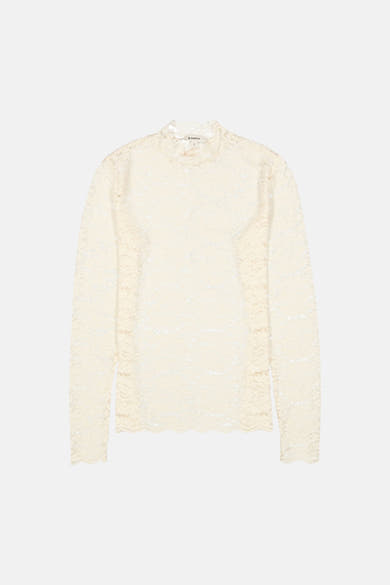 Ecru long-sleeve lace top with ruffled high neckline and scalloped hem, front view