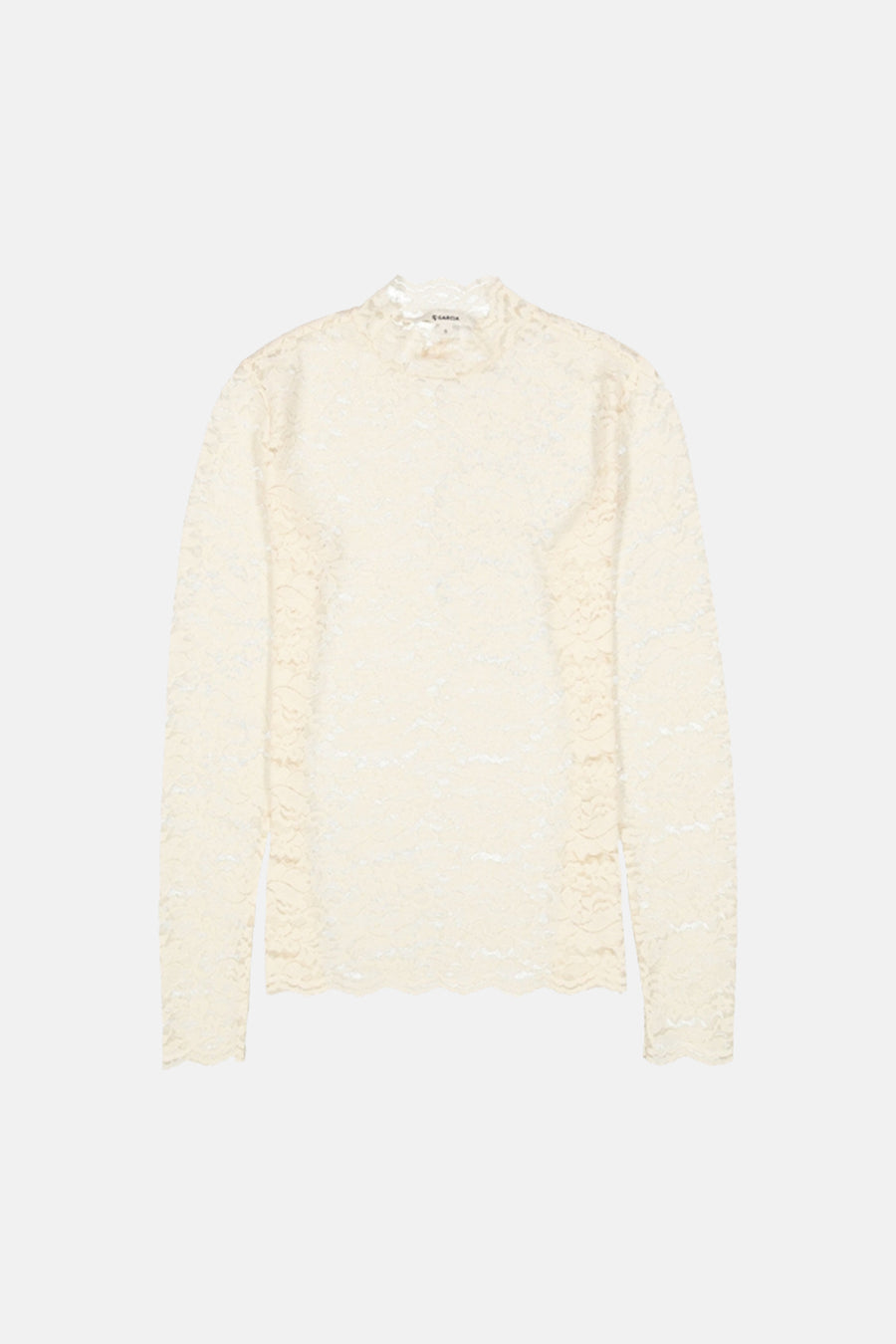 Ecru long-sleeve lace top with ruffled high neckline and scalloped hem, front view