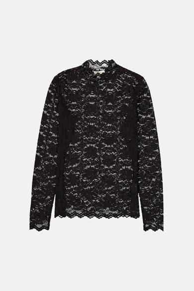 Black long-sleeve lace top with scalloped neckline and hem, by Rebecca Taylor, front view