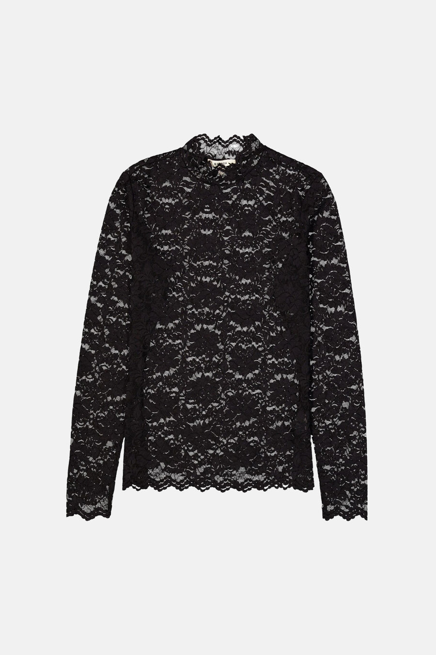 Black long-sleeve lace top with scalloped neckline and hem, by Rebecca Taylor, front view