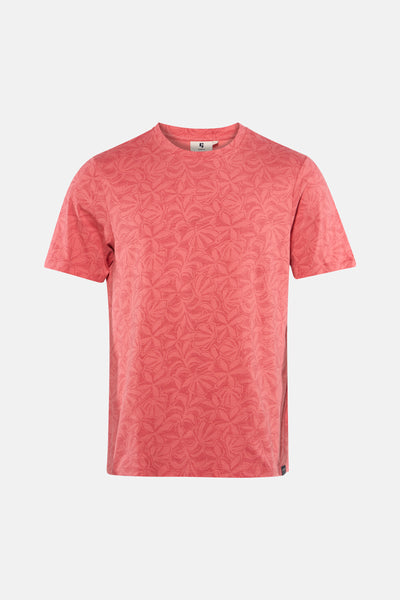 Coral short-sleeve t-shirt by Garcia with subtle floral pattern, round neckline, and side seam detail, front view
