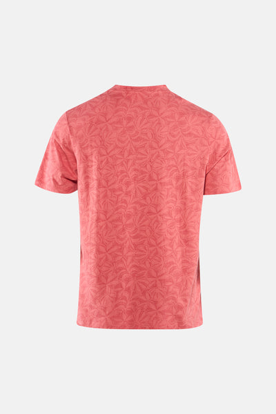 Coral short-sleeve t-shirt with floral pattern, back view, soft textured fabric