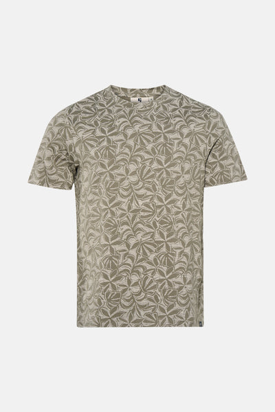 Multicolored short-sleeve t-shirt with olive and beige floral pattern, front view, textured fabric