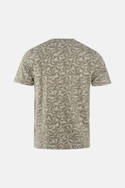 Multicolored short-sleeve t-shirt with floral pattern, back view, textured fabric, neutral tones