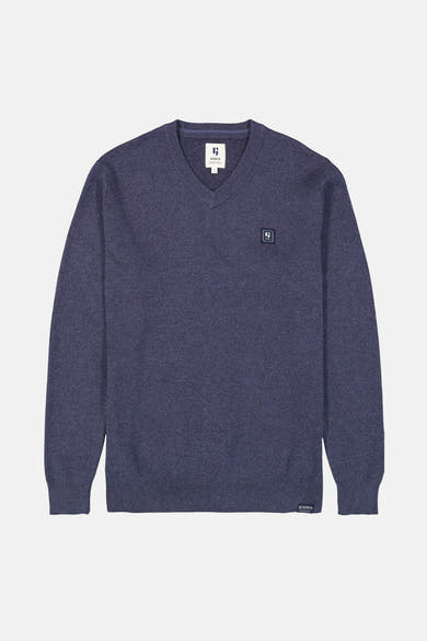 Blauwe V-hals trui van GARCIA, met kleine logo's op de borst en zoom.
