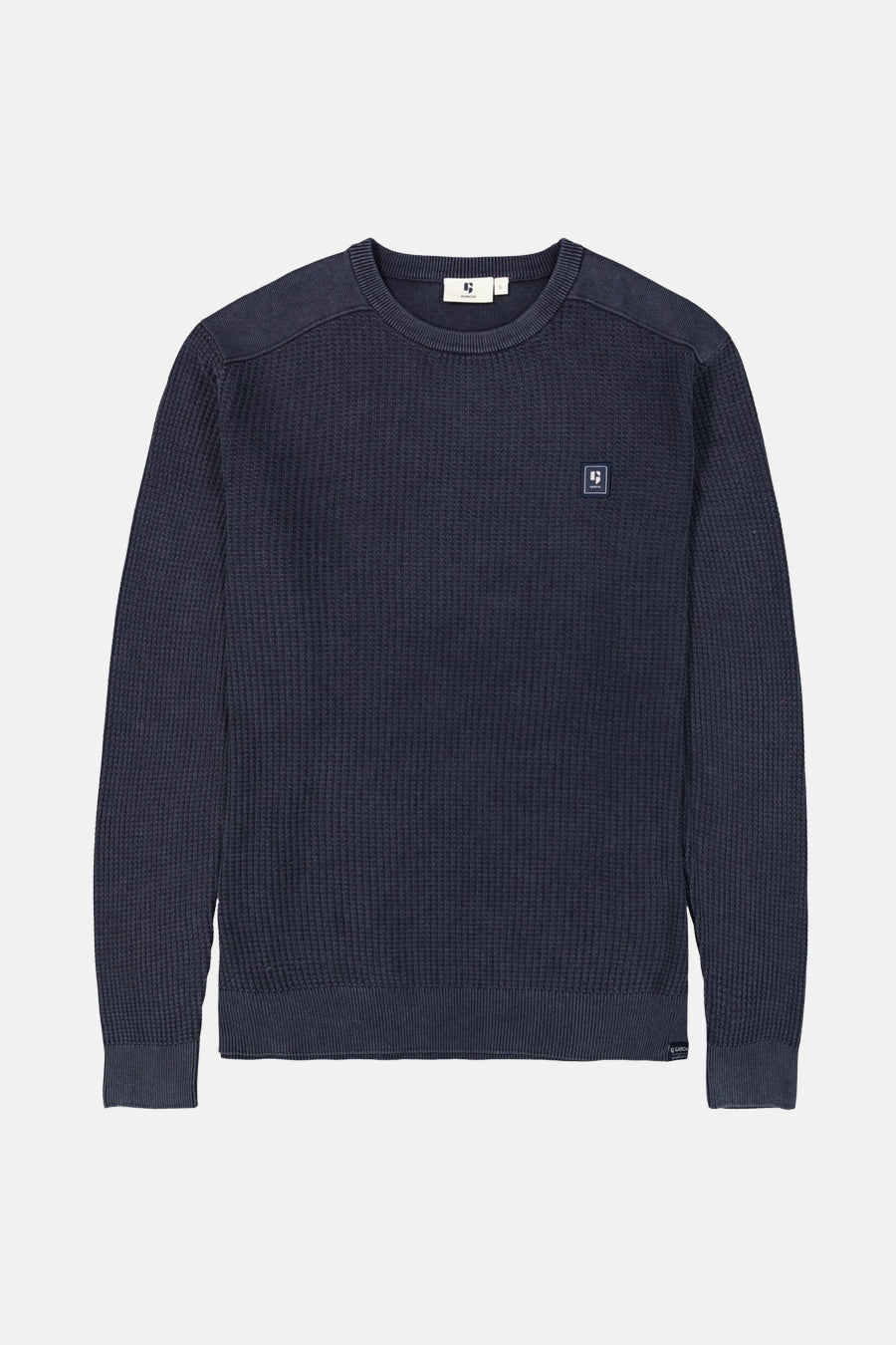 Blauwe trui met ronde hals van GARCIA, in wafelbreisel met discreet logo op de borst.