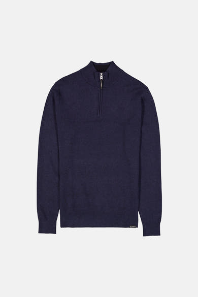 Navy blue ribbed knit half-zip sweater by AJ Garcia, front view with metallic zipper and cuffs