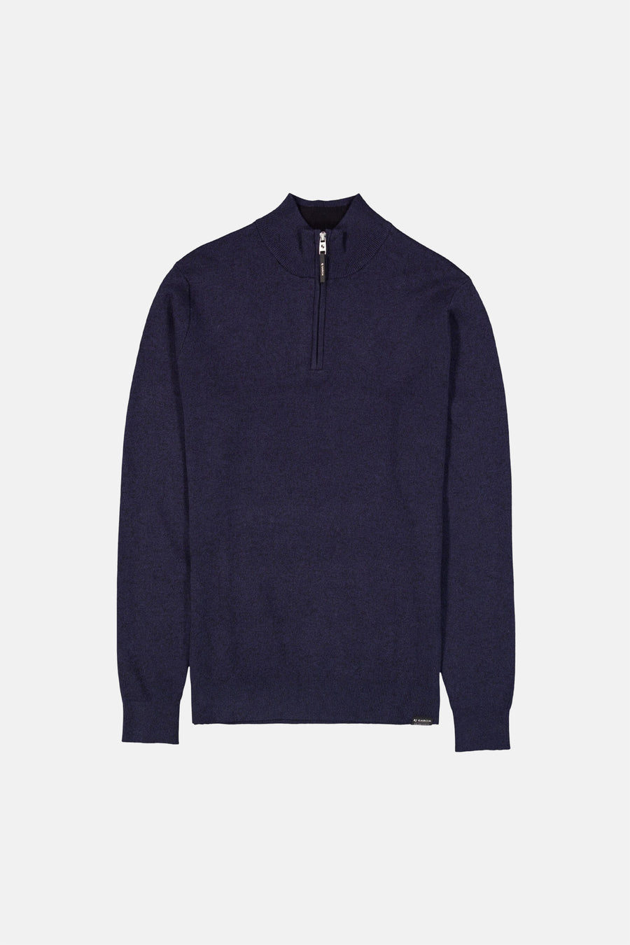 Navy blue ribbed knit half-zip sweater by AJ Garcia, front view with metallic zipper and cuffs