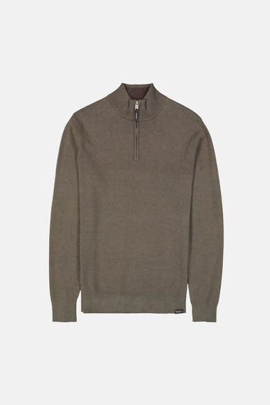 Olive green half-zip sweater by GAKA, featuring ribbed cuffs and hem, front zipper closure, and textured knit fabric, shown in front view.