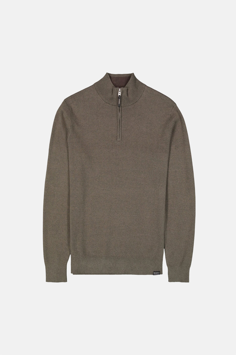 Olive green half-zip sweater by GAKA, featuring ribbed cuffs and hem, front zipper closure, and textured knit fabric, shown in front view.