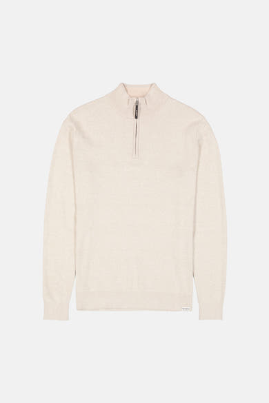 Beige ribbed knit half-zip sweater by AJ Garcia, front view with subtle texture and clean lines